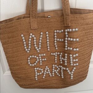 “Wife of the Party” Brown Tote Bag with Pearl Lettering